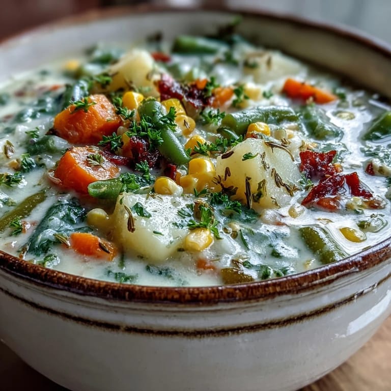 Hearty Amish Snow Day Soup served with crusty bread and a sprinkle of thyme, ready to eat.