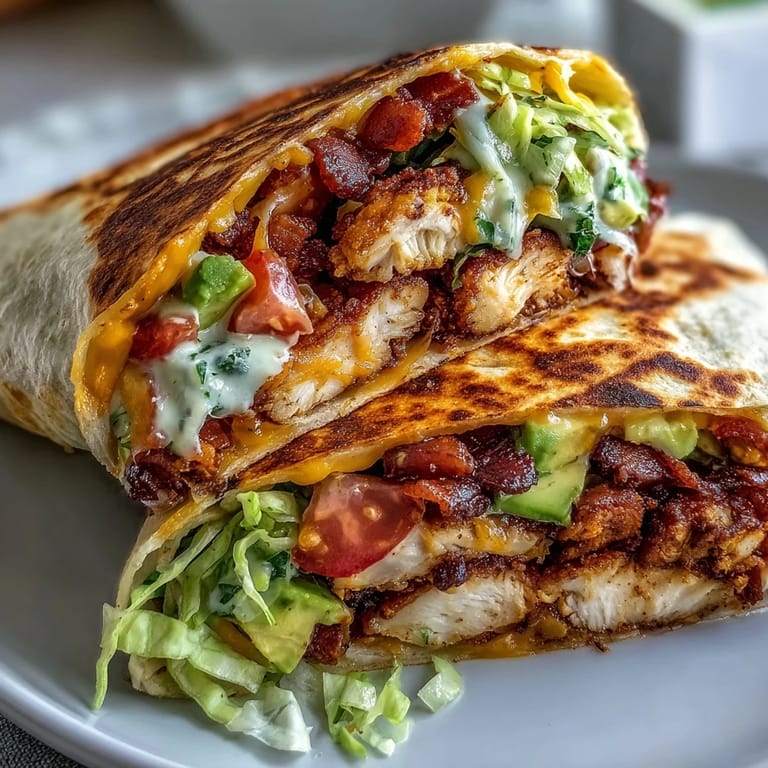 Golden-brown tortilla wrapped around smoky bacon and tender chicken, served warm for a satisfying meal.