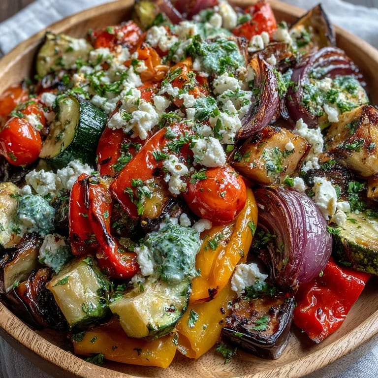 Vibrant roasted eggplant and zucchini Mediterranean vegetables with feta and Kalamata olives, glistening with olive oil and lemon juice, served on a white platter.