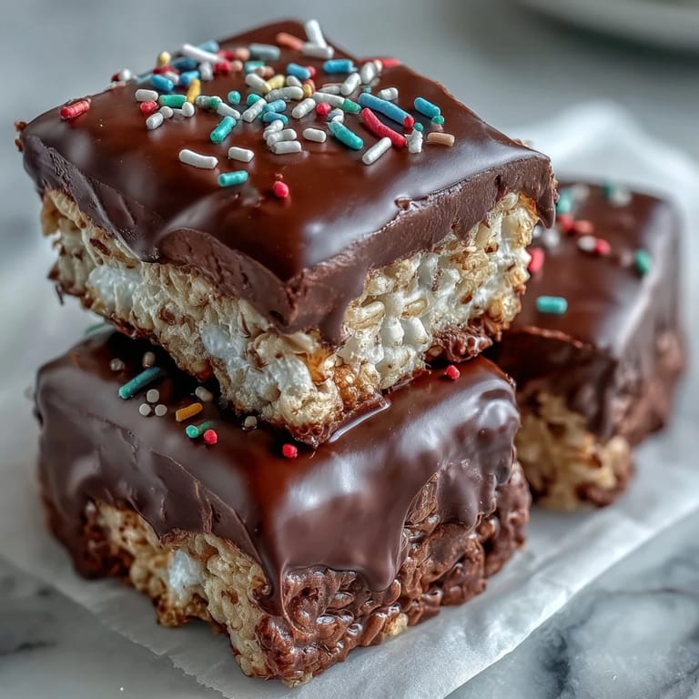 A close up of one Chocolate Covered Rice Krispy Treats bar with a bite taken out on a napkin.
