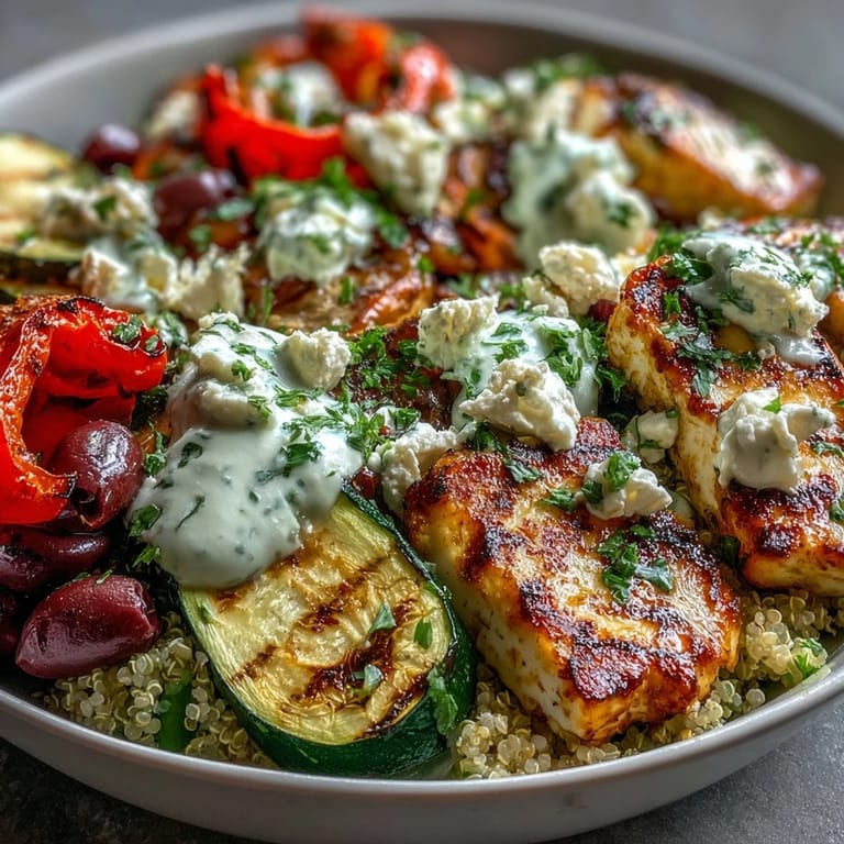 Vibrant charred eggplant and zucchini are arranged over quinoa in a Healthy Grilled Mediterranean Bowl, finished with briny olives and feta.
