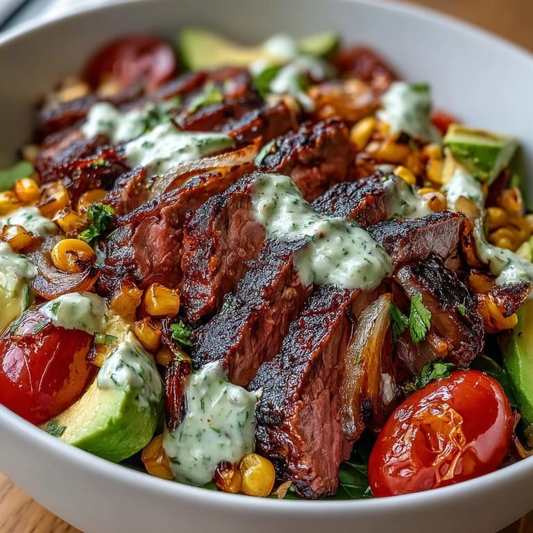 Colorful Tex-Mex bowl features tender flank steak, bright cherry tomatoes, and golden roasted corn over fluffy rice, topped with tangy lime and Cotija cheese.