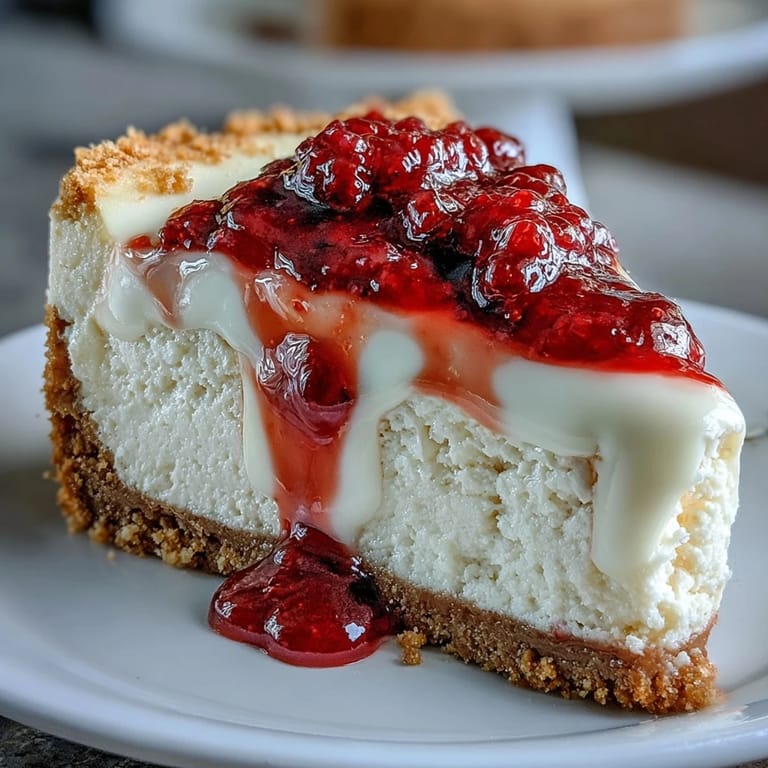 Freshly baked white chocolate raspberry cheesecake with swirls of raspberry filling on a buttery crust.