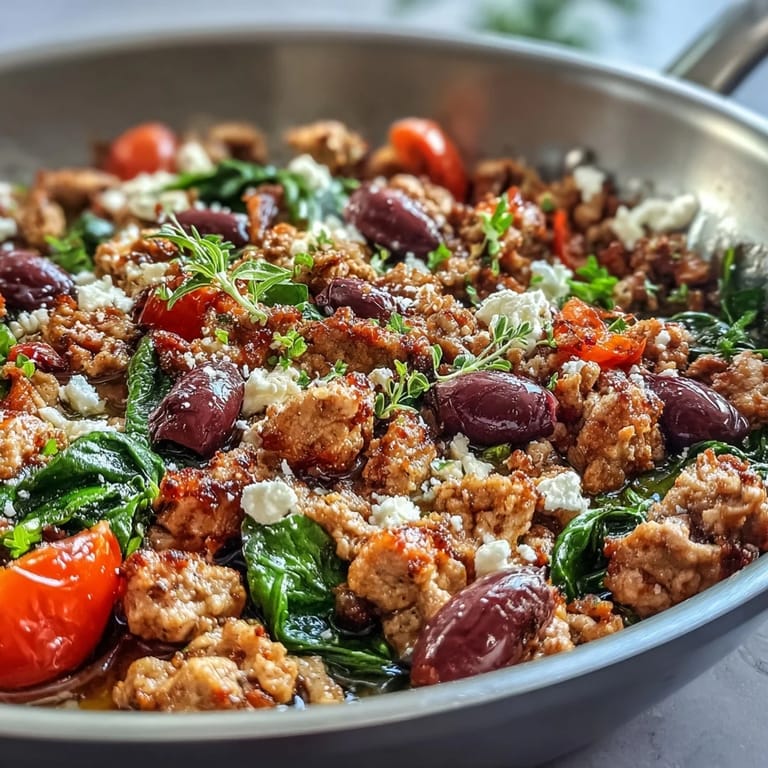 Colorful Mediterranean Keto Ground Chicken Skillet with Olives and Feta topped with crumbled feta and a bright lemon wedge for serving.