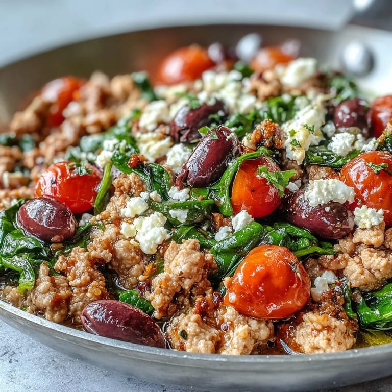 Fragrant Mediterranean Keto Ground Chicken Skillet with Olives and Feta, simmered with cherry tomatoes and Kalamata olives for a weeknight dinner.