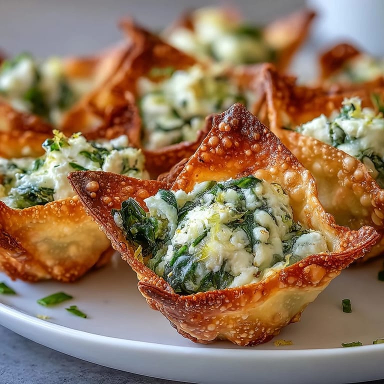 Crispy wonton cups with savory spinach and feta filling are arranged on a white platter garnished with parsley.