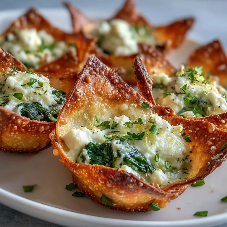Close-up of Mediterranean Spinach and Feta Cheese Crisps showing golden edges and a creamy green filling.