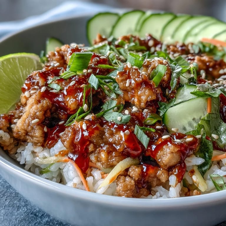 Tender ground turkey coated in tangy bang bang sauce, served over rice with carrots, cucumbers, and cabbage.