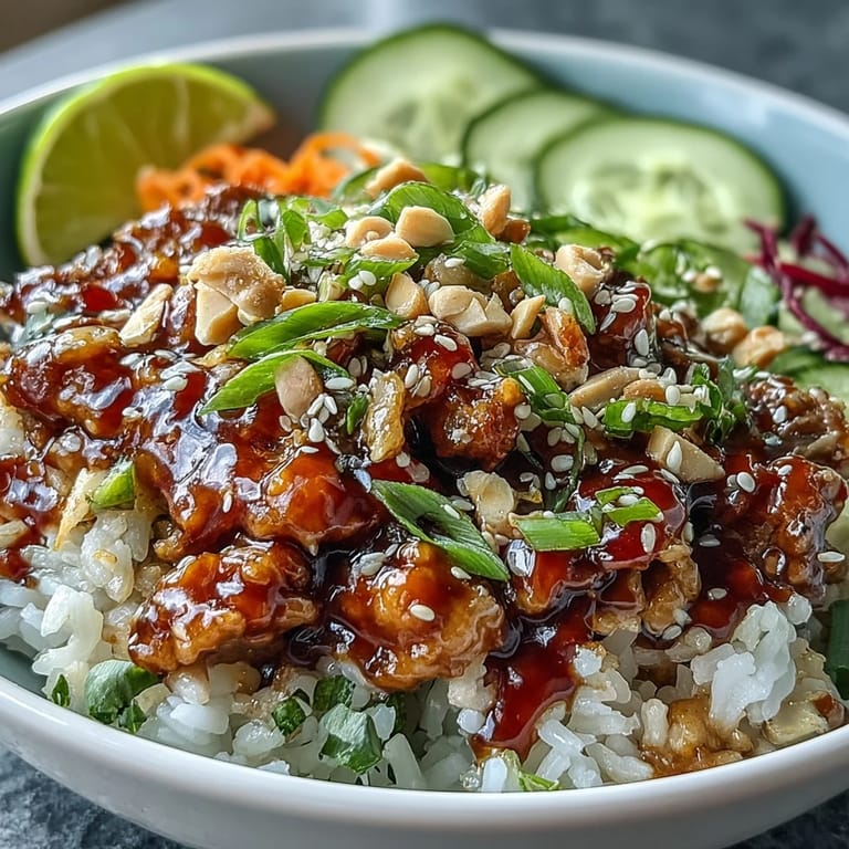 Spicy-sweet Bang Bang Ground Turkey Rice Bowls garnished with sesame seeds, scallions, and fresh lime wedges.