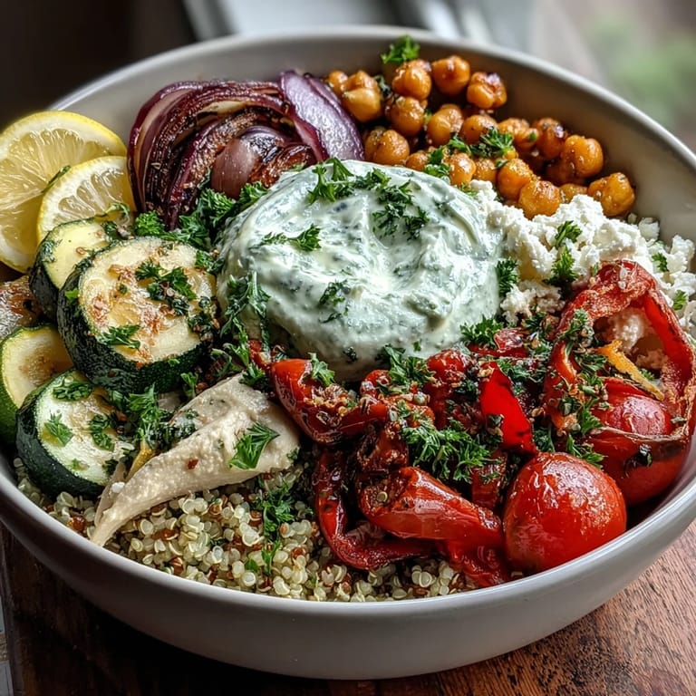 A vibrant serving of Mediterranean Buddha Bowl, featuring golden roasted vegetables, seasoned chickpeas, olives, and a swirl of Greek yogurt.