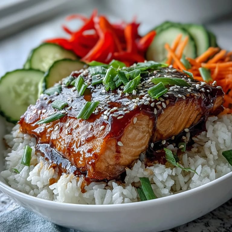 A finished Asian-Inspired Salmon Bowl features tender salmon, edamame, and colorful veggies, drizzled with a glossy ginger glaze.