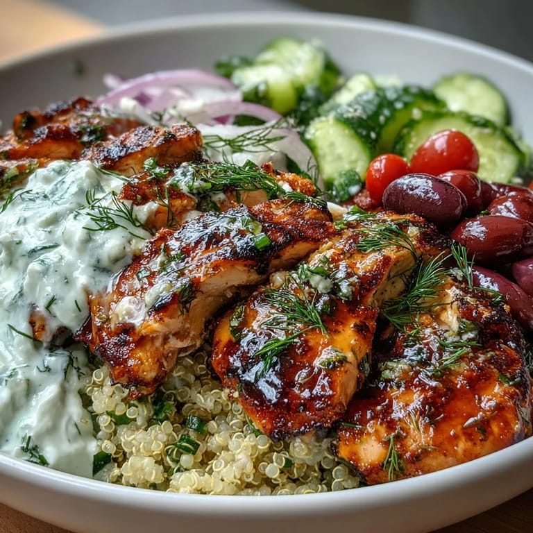 Bright Mediterranean flavors come together in this Greek Chicken Power Bowl, served fresh with olives, parsley, and a refreshing drizzle of sauce.