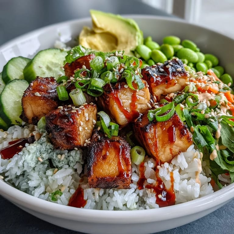 A close-up of a vibrant Baked Salmon Rice Bowl featuring tender salmon, edamame, and green onions drizzled with spicy sriracha mayo.  