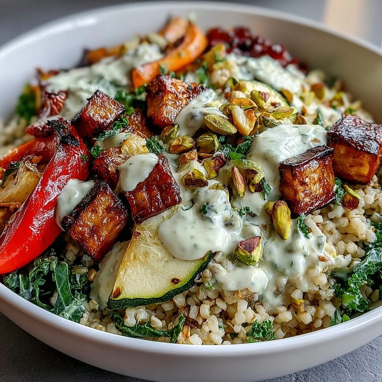 A ready-to-eat Mediterranean Buddha bowl features roasted vegetables and bulgur pilaf, accented with pistachios and generously dressed in tangy lemon tahini.