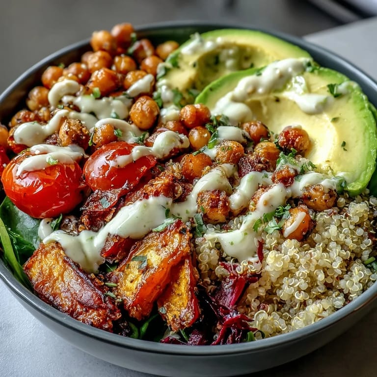 A nourishing plate of warm Buddha Bowl with tender sweet potatoes, crunchy chickpeas, and crisp greens like spinach and red cabbage, finished with a generous swirl of homemade garlic tahini sauce.