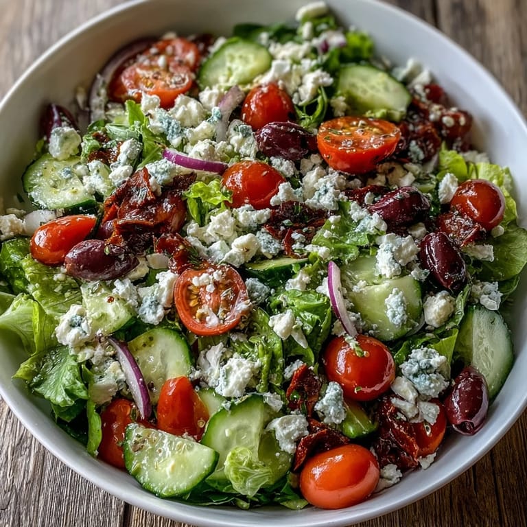 A close-up of Greek Salad Bowl with Kalamata olives, crunchy cucumbers, and thinly sliced red onion on greens.