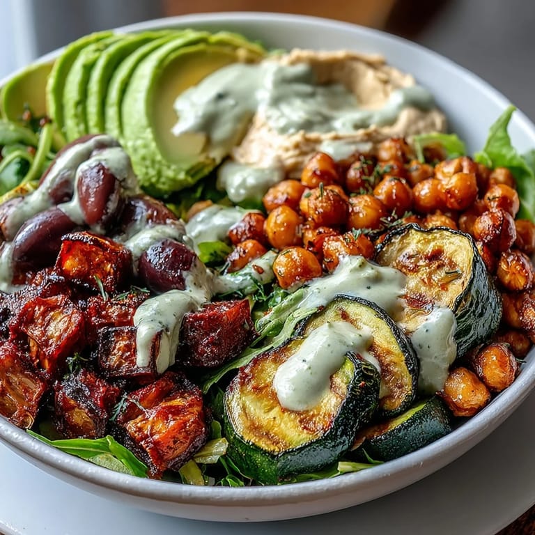 A hearty Vegan Mediterranean Buddha Bowl features roasted eggplant and bell peppers atop fresh greens, ready to be enjoyed with a dollop of hummus.