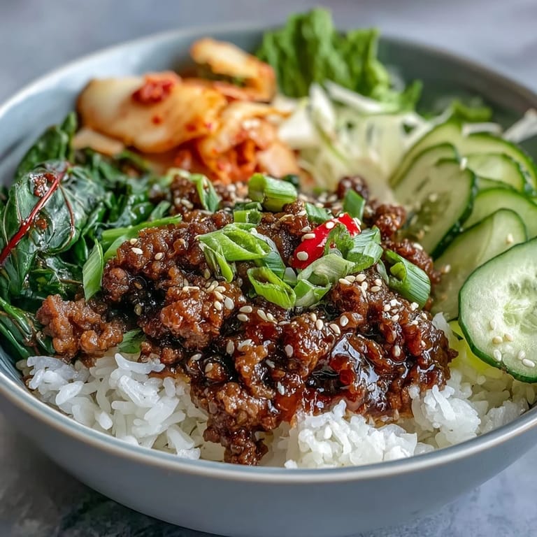 Close-up of a savory Korean Beef Bowl featuring seasoned beef, pickled vegetables, and steamed white rice for a flavorful meal.  