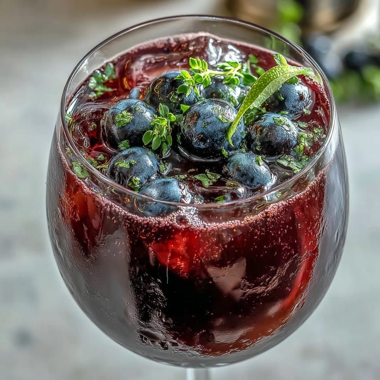 Black Currant and Cassis Cocktail with deep purple hue and ice cubes on a marble countertop.