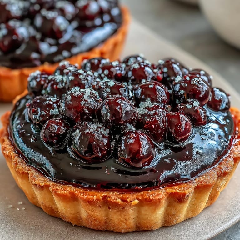 Elegant French Black Currant Fruit Tart garnished with mint, ready to serve on a wooden board.