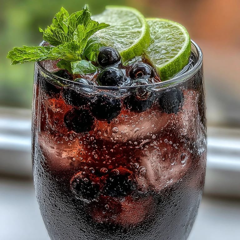 Two glasses of sparkling Black Currant Mocktail with deep purple juice and fresh mint, ready to serve at a lively outdoor party.