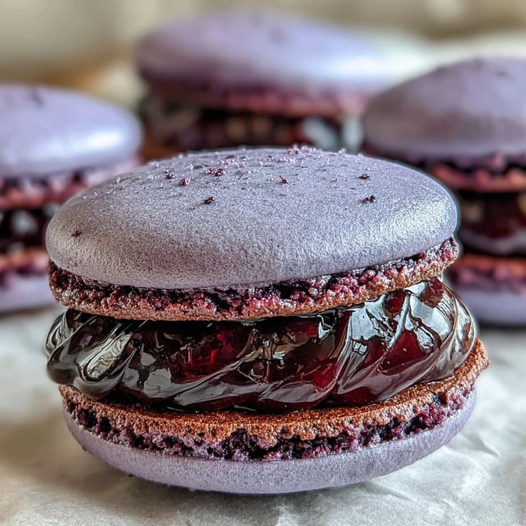 Freshly sandwiched Black Currant Macarons on a marble counter, ready for an elegant afternoon tea service.