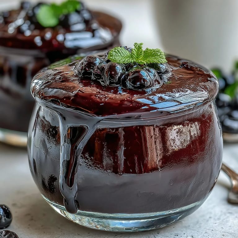 Close-up of a spoon scooping into a Black Currant Panna Cotta, revealing a creamy white and purple swirl inside a glass dessert cup.