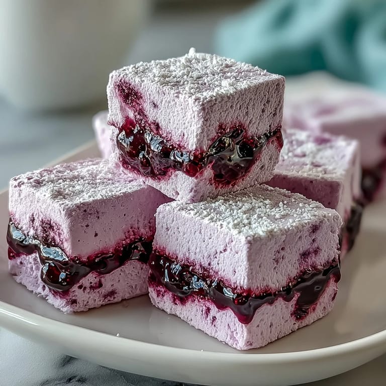 Homemade Black Currant Marshmallows stacked high with a rich purple swirl, showing off their pillowy texture.