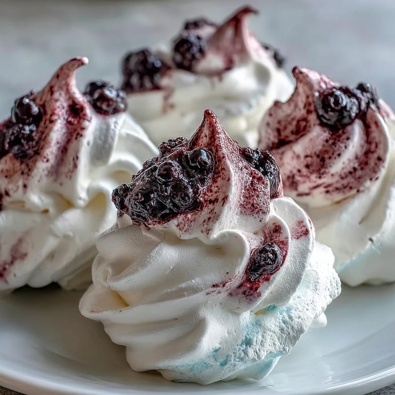 Plated Black Currant Meringues are dusted with deep purple powder, paired with fresh blackberries and a dollop of whipped cream.