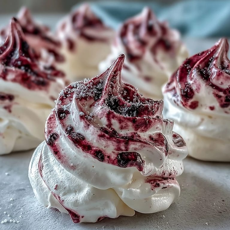 Close-up of Black Currant Meringues revealing airy peaks and a marbled, tangy blackcurrant interior on a clean white plate.