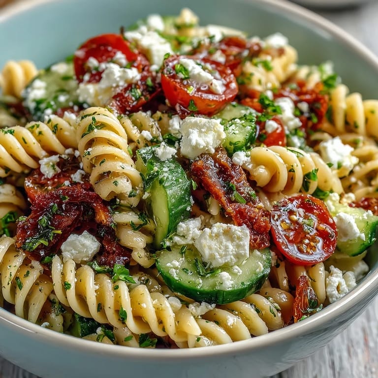 Bright lemon vinaigrette pasta salad with crisp cucumbers and juicy cherry tomatoes, perfect for picnics or light lunches.