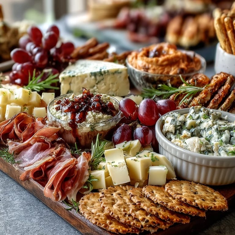 An elegant spread of savory dips, assorted crackers, and gourmet meats, ideal for celebrating a new home.