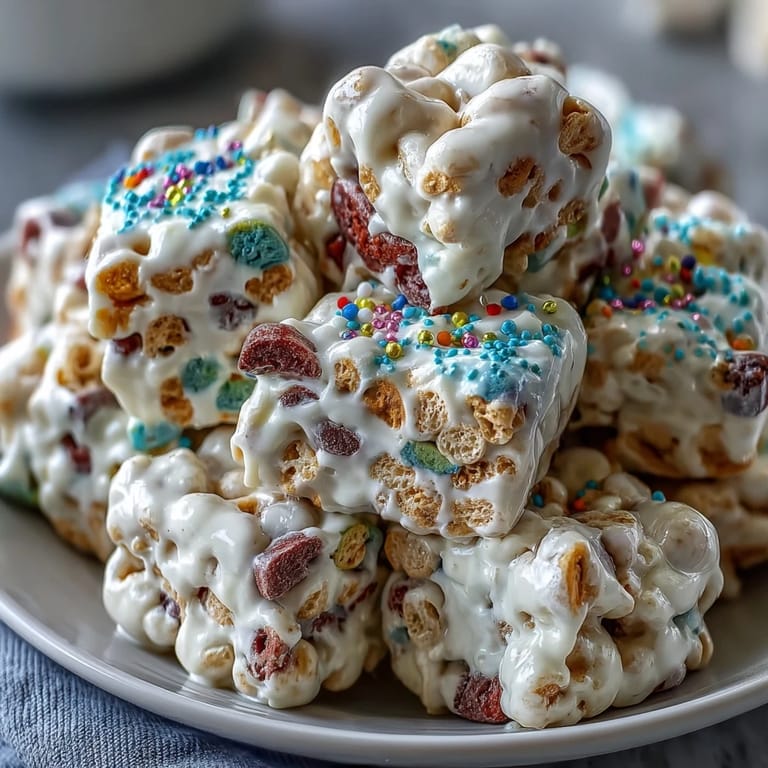 Lucky Charms bark recipe featuring white chocolate and rainbow marshmallows on a vibrant St. Patrick's Day dessert platter.  