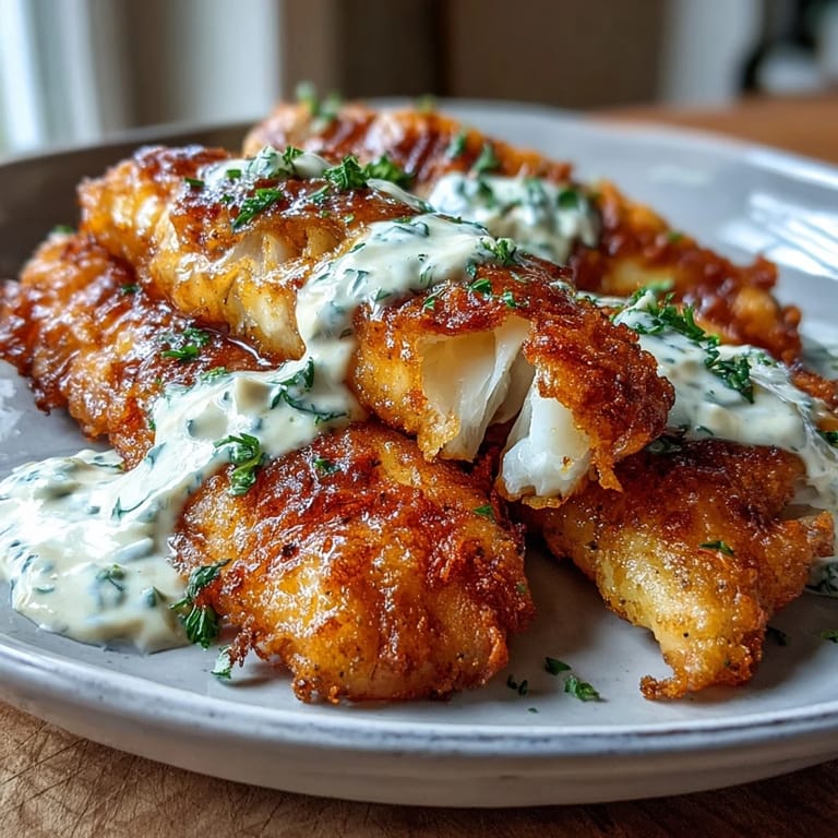 Seasoned catfish fillets, fried to a perfect golden crisp, served with creamy remoulade sauce for an iconic Southern dish.