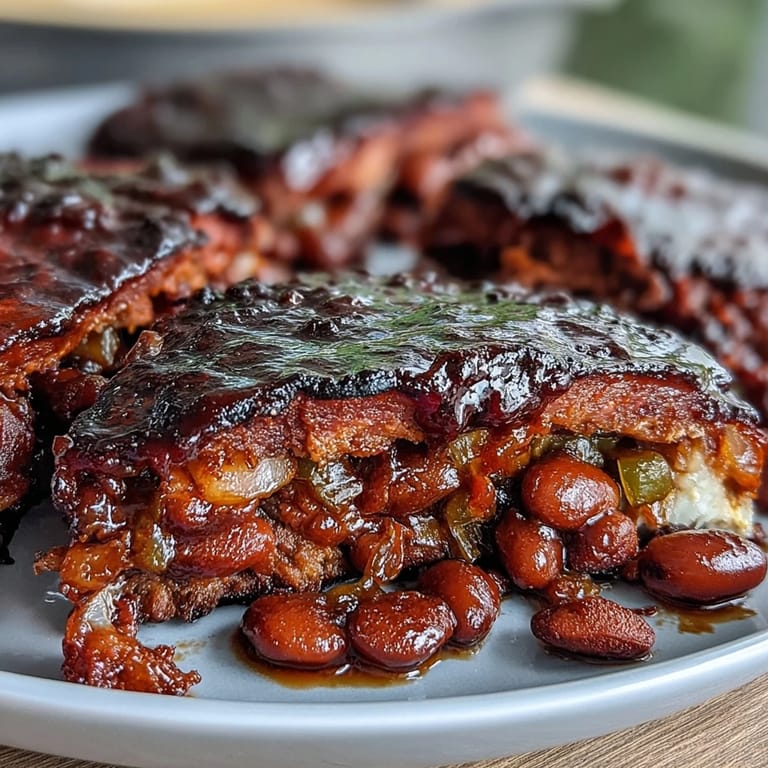 Golden baked beans topped with crispy bacon, sweet and smoky, ready to serve alongside grilled meats at your summer barbecue.  