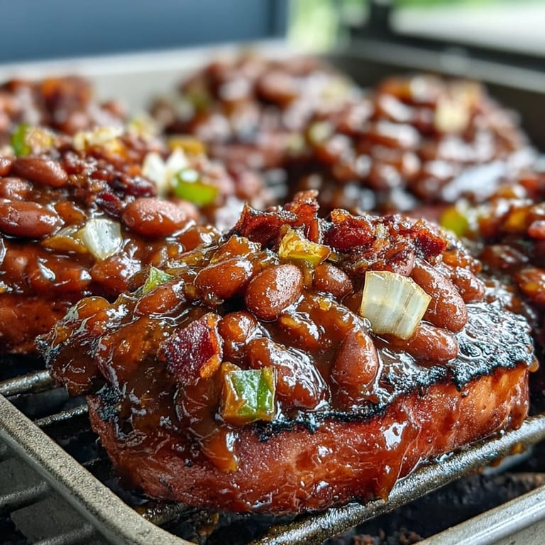 Hearty Summer BBQ Baked Beans with Brown Sugar and Bacon, featuring tender navy beans in a thick, flavorful sauce, ideal for picnics.
