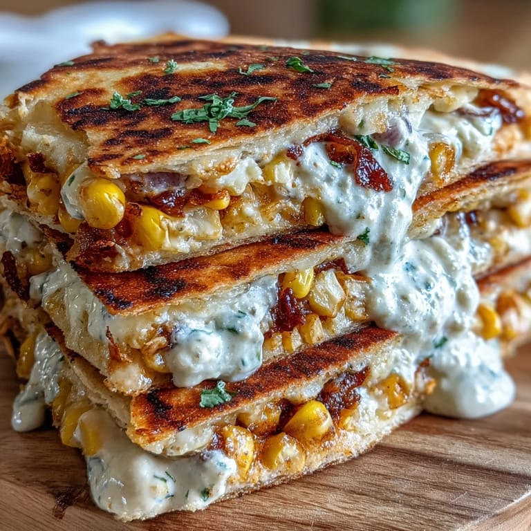 Crispy flour tortillas stuffed with charred corn and Monterey Jack cheese, garnished with Cotija, cilantro, and a side of tangy chipotle sour cream for dipping.