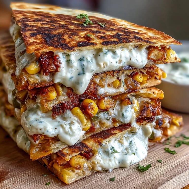 Warm, melty cheese quesadillas filled with roasted corn, red onion, and jalapeño, drizzled with smoky chipotle crema and lime wedges on the side.  