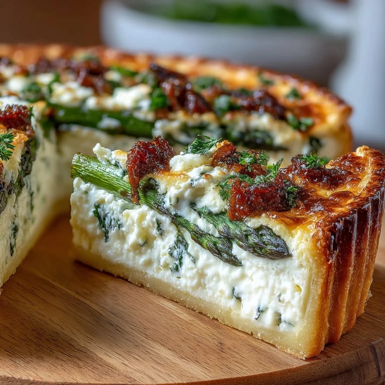 Elegant quiche with creamy Brie and fresh asparagus spears, baked to golden perfection for a special spring meal.
