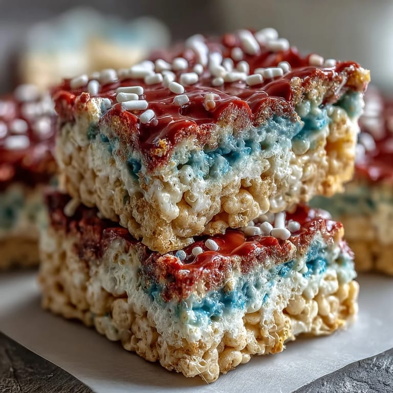 Festive red, white, and blue Rice Krispies treats with bold colors and classic marshmallow flavor.