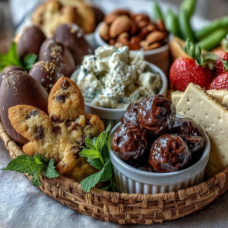 A vibrant Spring Charcuterie board with mini Easter baskets featuring fresh mozzarella, strawberries, and pastel chocolate eggs for a festive touch.