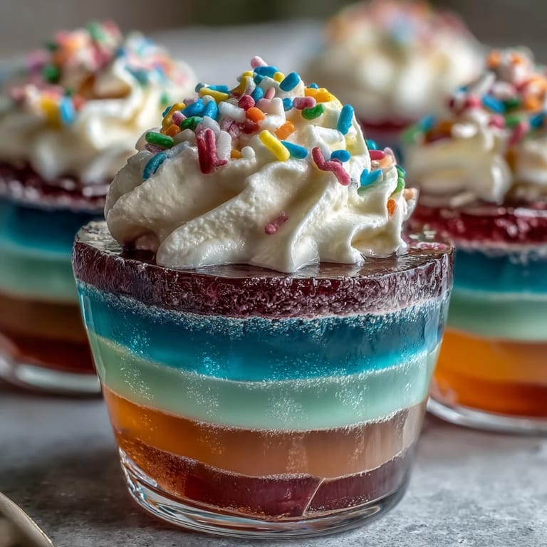 Colorful rainbow Jello cups in red, orange, yellow, green, blue, and purple, crowned with whipped cream and rainbow sprinkles.