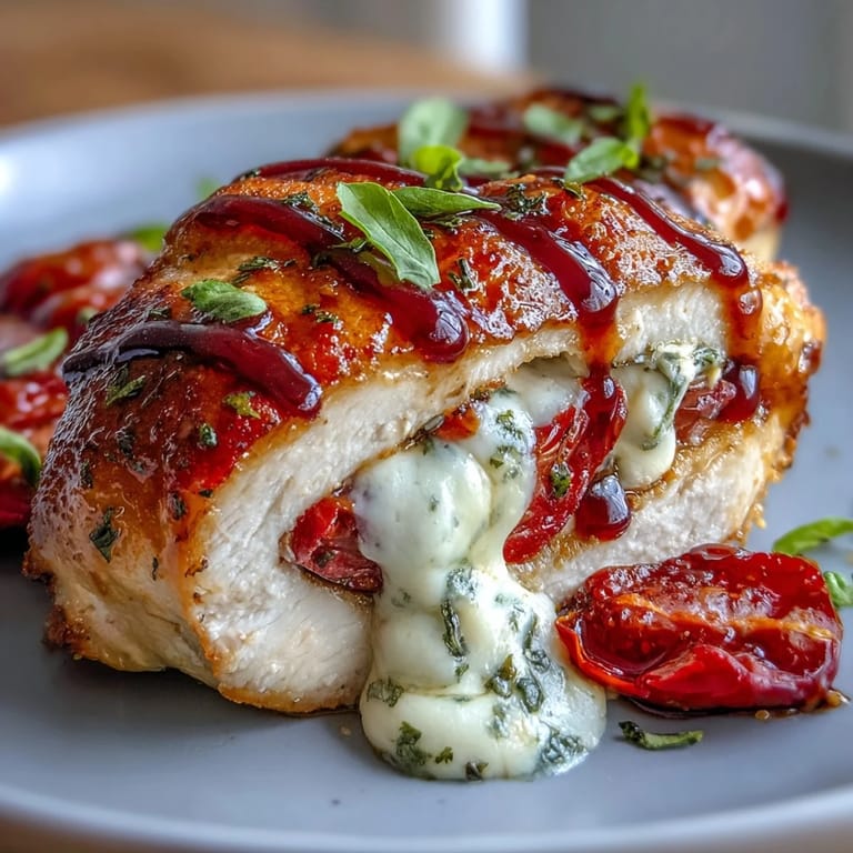 Stuffed chicken breasts filled with mozzarella, tomatoes, and basil, drizzled with balsamic glaze for a vibrant Italian dinner.