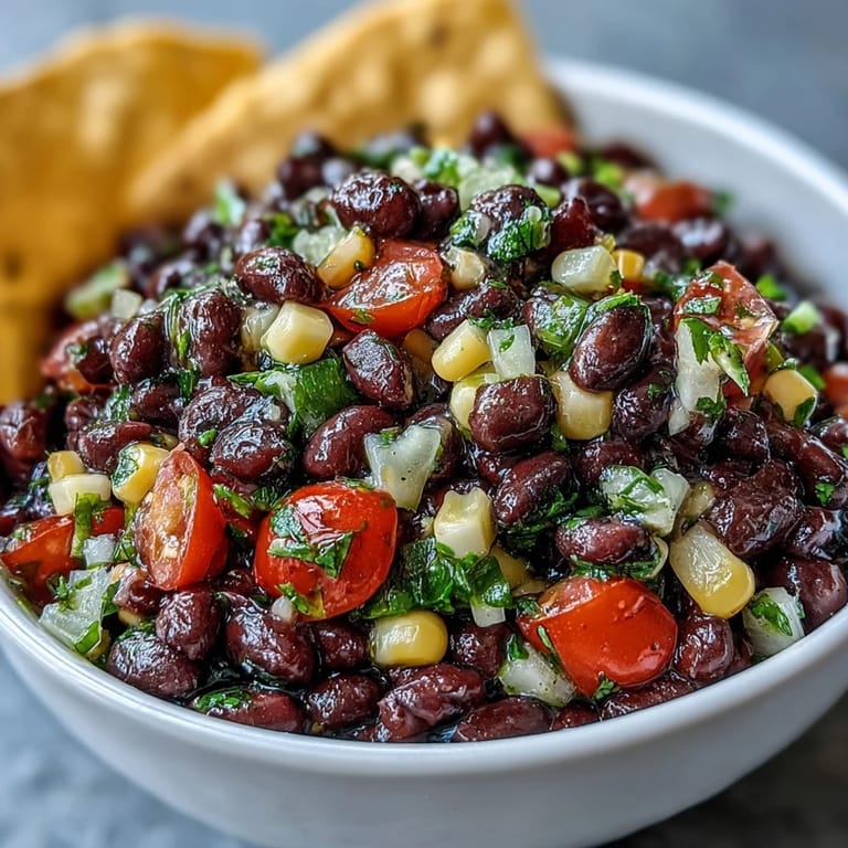 Vibrant Cowboy Caviar Dip featuring black beans, sweet corn, and fresh pico de gallo for a quick appetizer.
