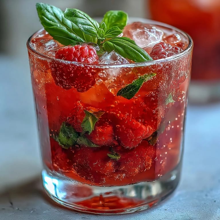 Chilled raspberry lemon mocktail with crushed berries and citrus, served over ice with a burst of fresh mint aroma.