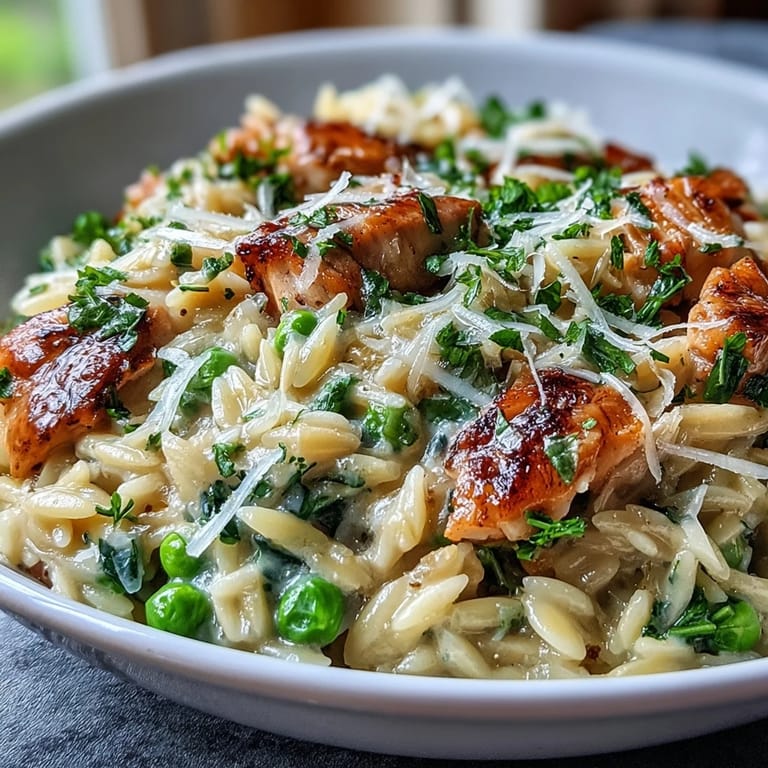 Warm, comforting One-Pot Lemon Orzo with Chicken and Peas, featuring tender chicken, sweet peas, and zesty citrus notes.