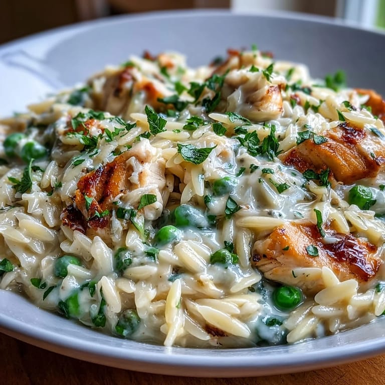 Zesty One-Pot Lemon Orzo with Chicken and Peas, a simple spring dinner with creamy Parmesan and vibrant green vegetables.