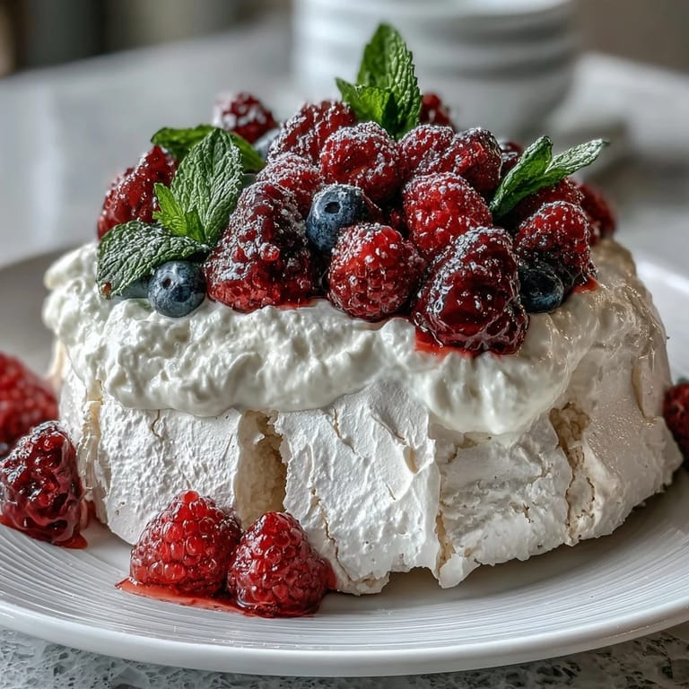 Light and airy pavlova dessert crowned with clouds of whipped cream and a medley of juicy fresh berries.