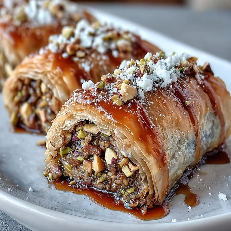 Golden baklava rolls filled with aromatic pistachio filling and soaked in sweet citrus blossom syrup.  