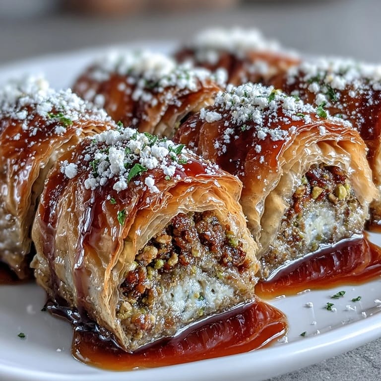 Flaky phyllo dough wrapped around spiced pistachio mixture, baked until crisp and glazed with orange blossom syrup.